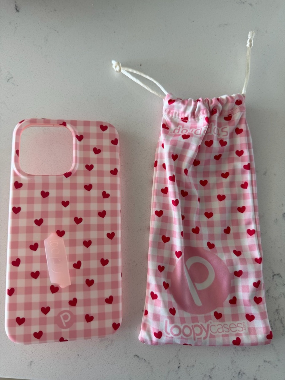 iPhone 15 Pro Max Loopy Case Pink Gingham with Red Hearts iPhone Case and Pouch